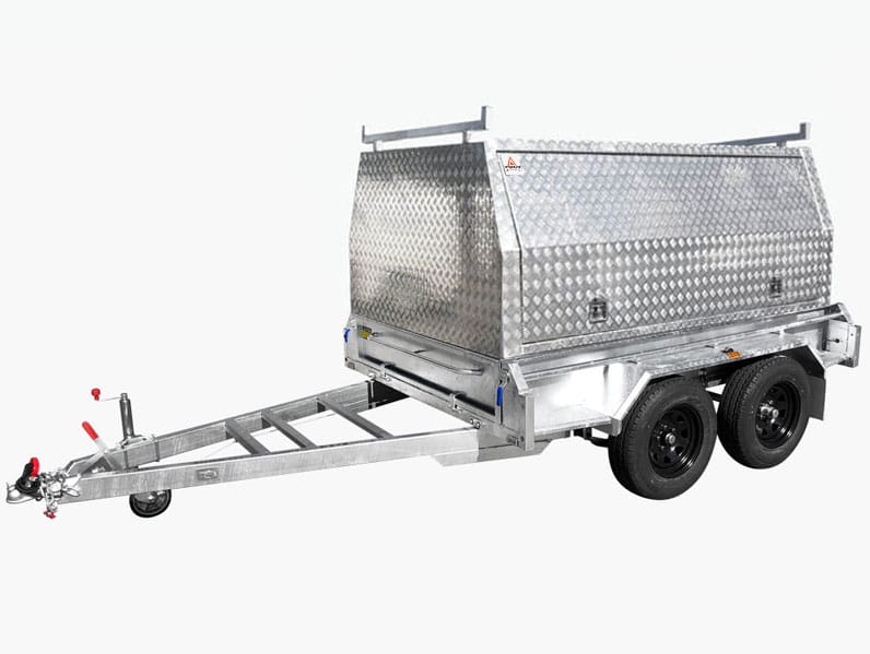 Tandem builders trailer showing side access doors and tandem axle