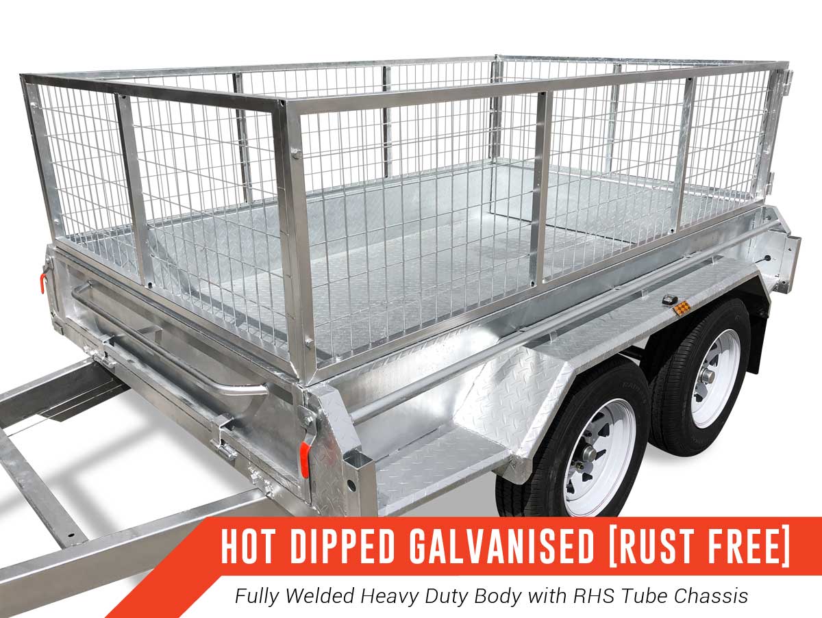 Tandem box trailer with 600mm galvanised cage, full view